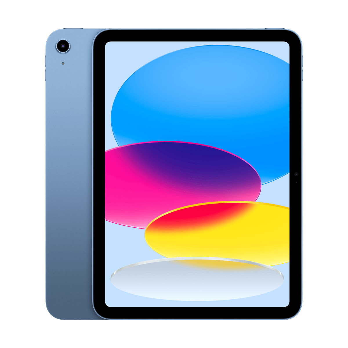 iPad (A16) color azul, vista trasera y frontal