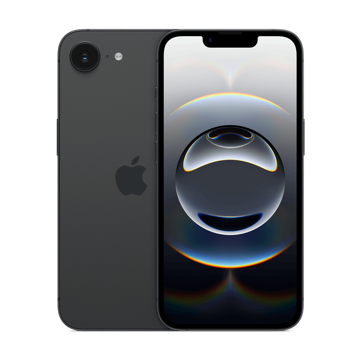 iPhone 16e color negro, vista trasera y frontal