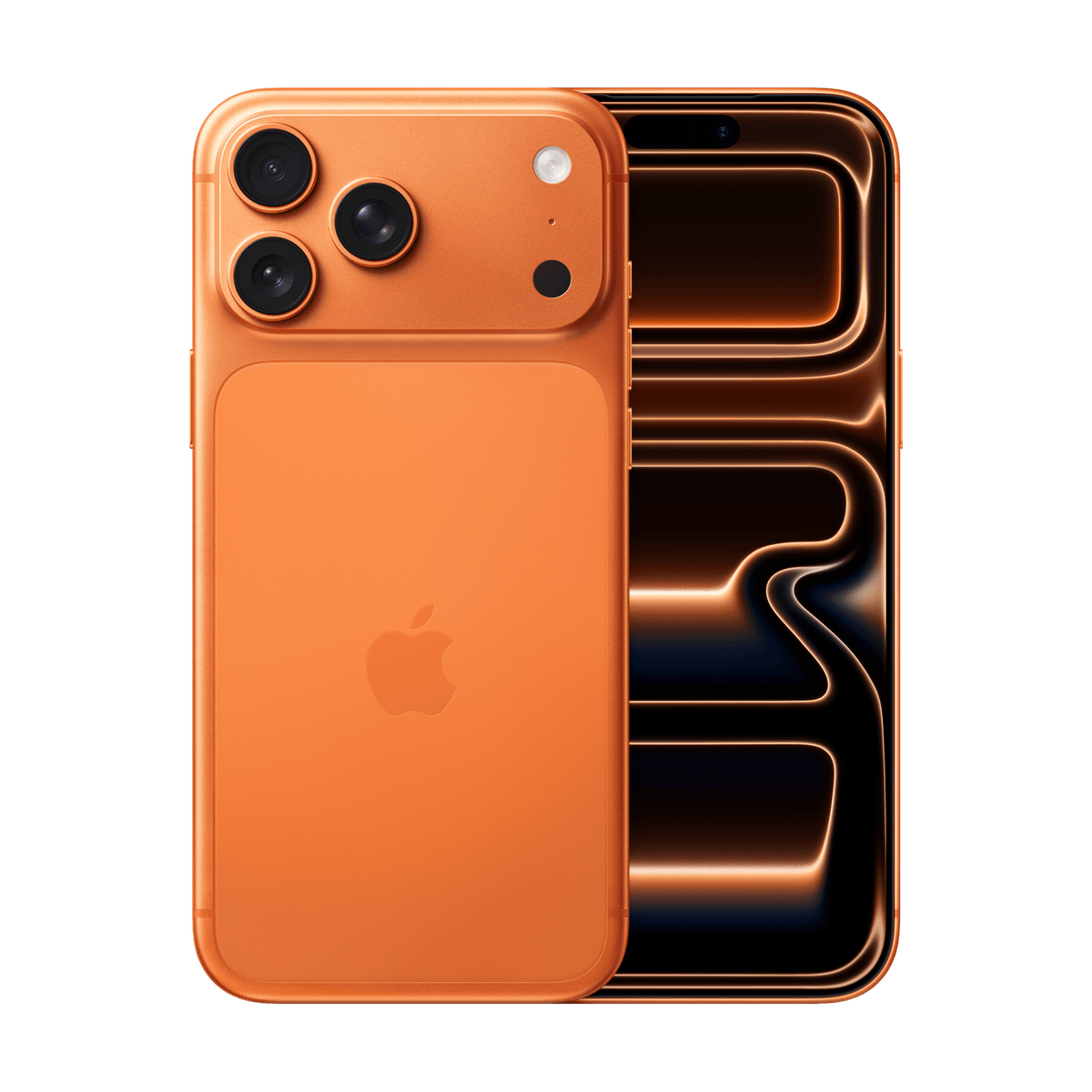 iPhone 17 Pro Max color naranja cósmico, vista trasera y frontal