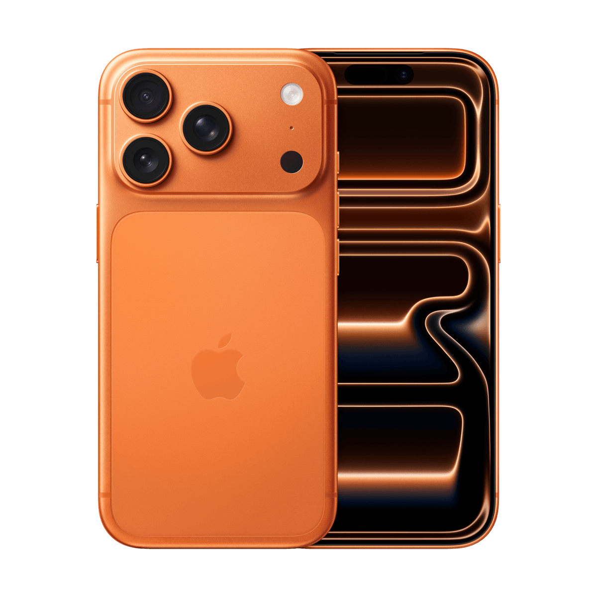 iPhone 17 Pro color naranja cósmico, vista trasera y frontal